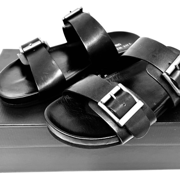 Bloomingdale's Men's Store Devin Black Leather Men's Slides Sandals - Picture 2 of 3